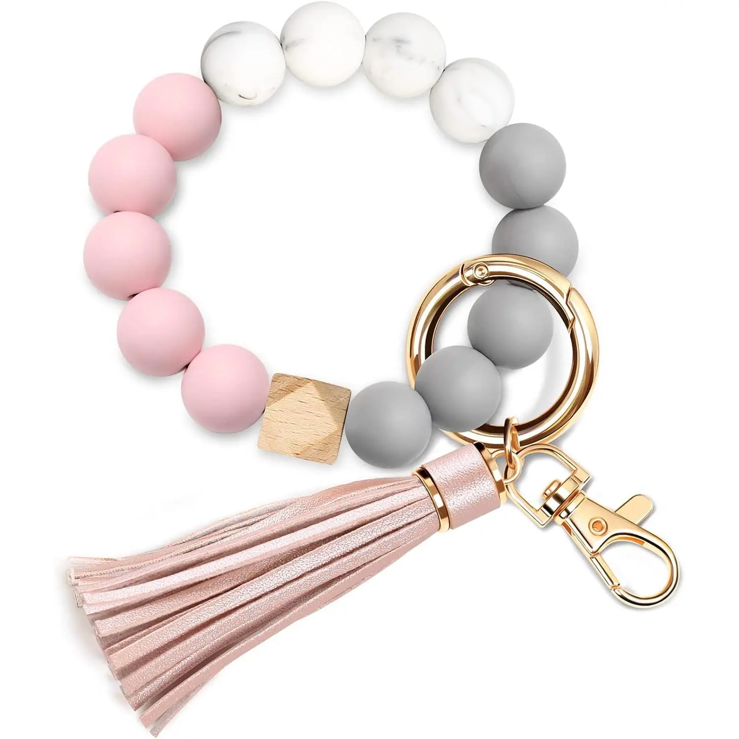 Handmade Beaded Key Ring Bracelet for Women, Elastic Bangle with Quick Release Clip, Leather Tassel & Card Holder with Double Stitching