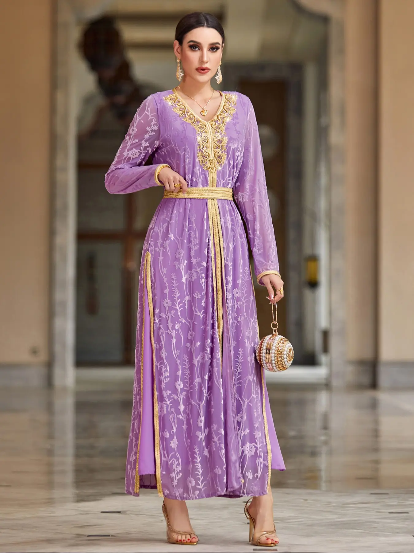Elegant Fitted Moroccan Velvet Robe Dress, Gold Embroidered V-Neck Design, Floral Pattern & Waist Belt, Perfect for Weddings & Celebrations