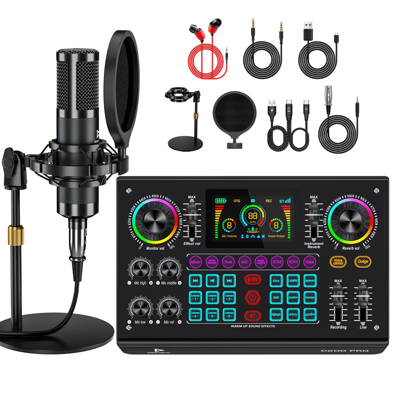 SoundPods C200PRO 2025 Upgrade Live Soundcard - 48V Digital Card, Dual DSP Chips, High Sampling Rate, Custom Effects, Sing-Along Function, Instrument Reverb, Display, Mute, RGB Light, USB, Audio Mixer Package, Streaming Audio Mixer, for Indoor Use