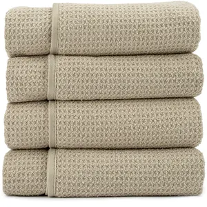 AURA by S&T INC. Waffle Bath Towels, 4 Pack, 30x60 Inches, Tan, Absorbent Microfiber, Versatile for Bathroom & Pool