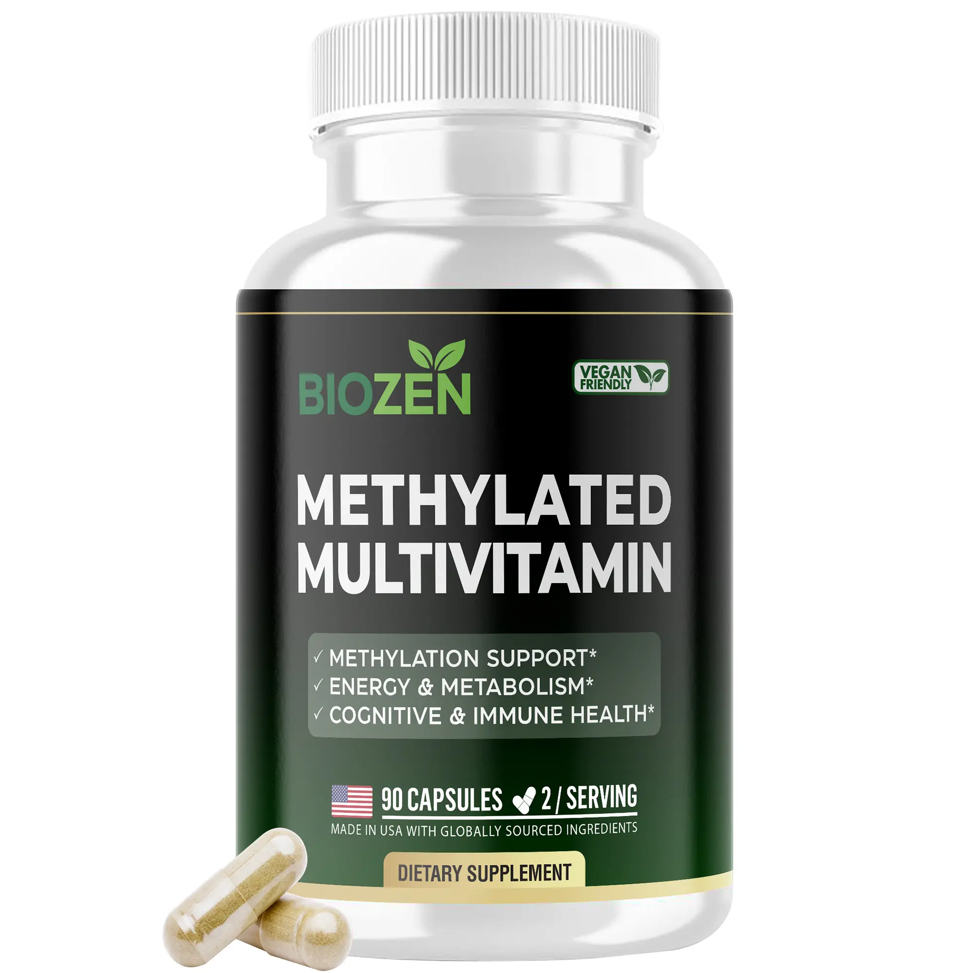 Methylated Multivitamin - Methylated B Complex with Trimethylglycine (TMG) & Methylfolate - 5 MTHF Supplement, Bioavailable for Men & Women, Energy Support, 90 Vegan Capsules BIOZEN