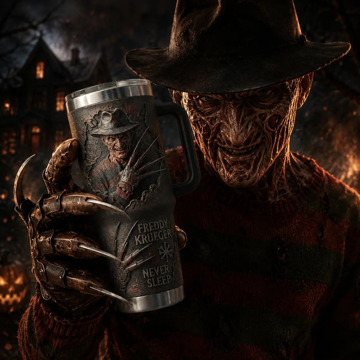 Freddy Krueger Never Sleep 40oz Tumbler With Handle, Premium Vacuum Insulated Stainless Steel Travel Mug, Horror Movie Collector's Edition Gift