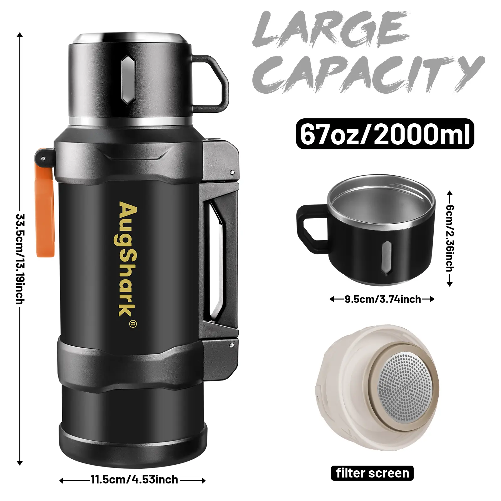 Augshark Newly Updated 3.0 Summer Limited Edition Black 67oz Large Capacity Insulated Stainless Steel Flask Bottle, Leakproof Vacuum Thermos with Cup, Ideal for Travel, Outdoor Use, Flasks