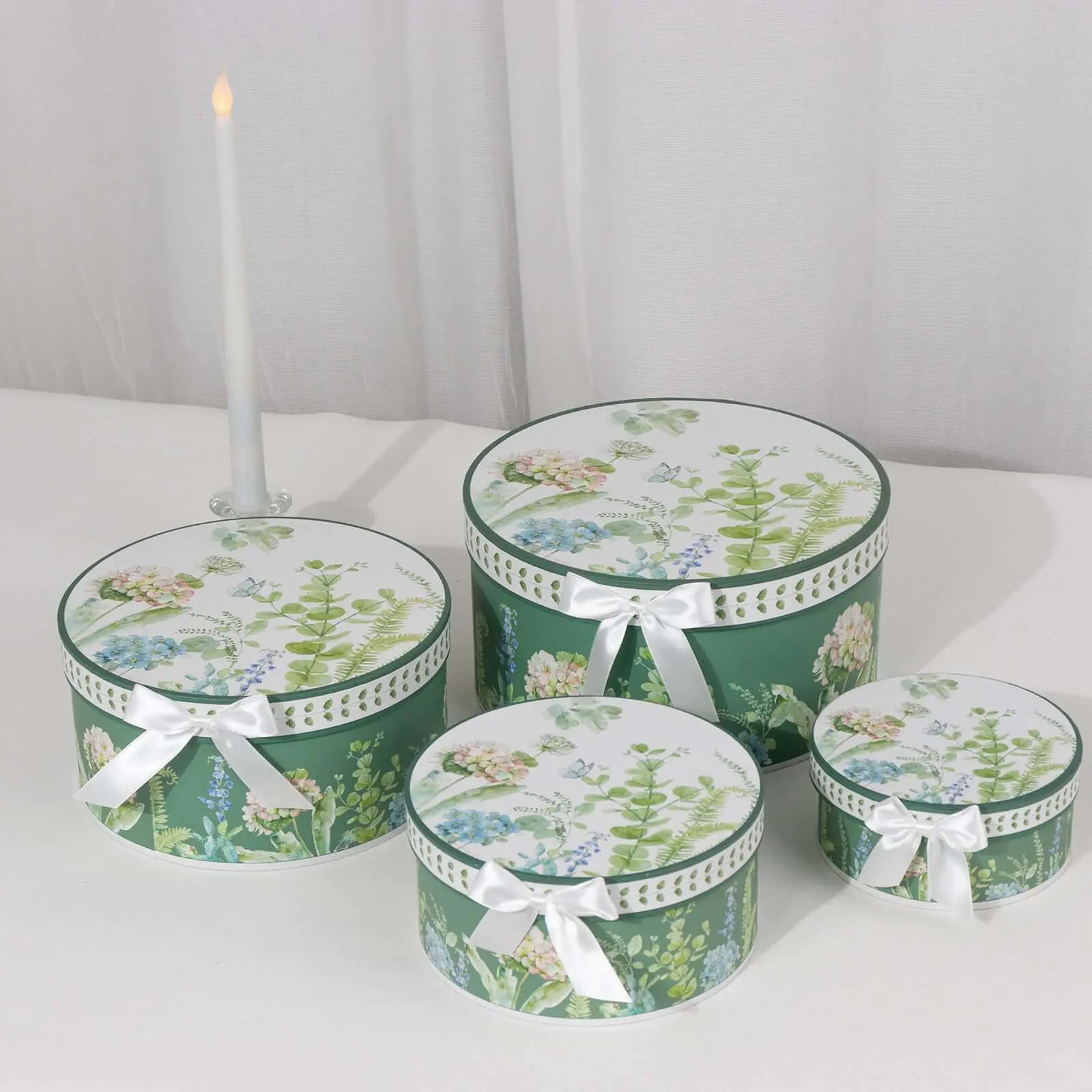 Set of 4 Round Cardstock Nesting Boxes - Greenery Theme, Heavy Duty Stackable Keepsake with Lids (5in,7in,8in,9in), Office Stationery for Wrapping & Retail Presentation, Wedding Use, Gift Boxed