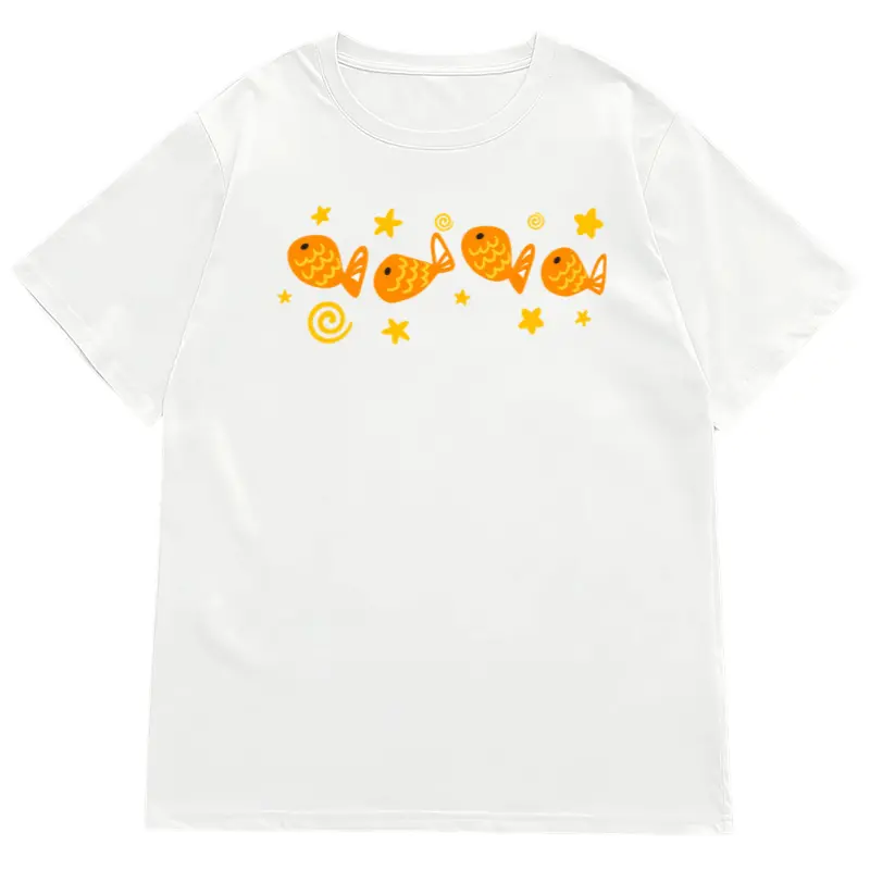 Soft Kawaii Streetwear Aesthetic, Four Cartoon Orange Fish Star Swirl Accent Front Print Y2k Clothing Round Neck T-Shirt,Women's Clothing 100% Cotton,  Top, Vintage Style,Summer Casual Oversized