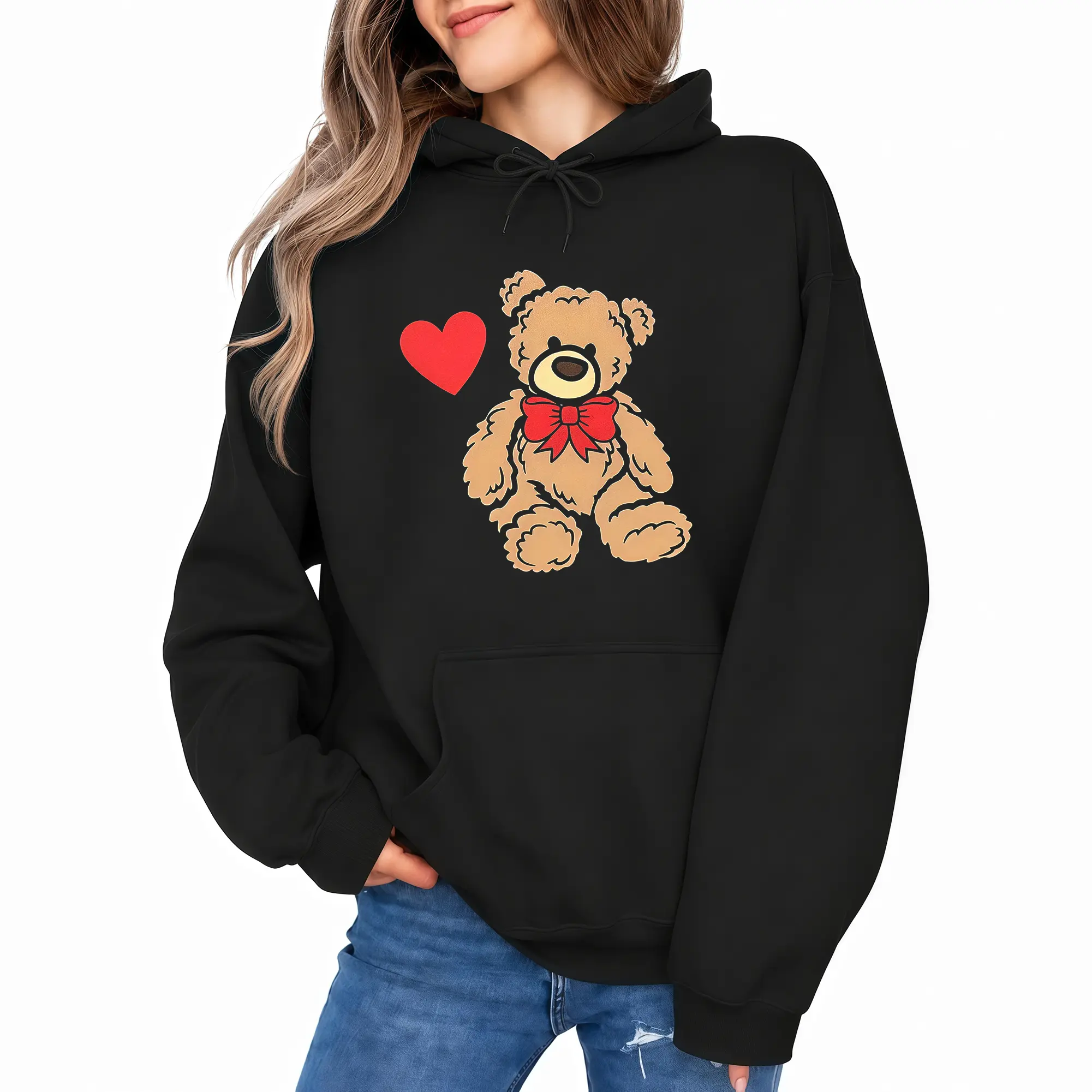 Women's Cartoon Bear Print Drawstring Hoodie, Casual Pocket Long Sleeve Hooded Sweatshirt, Ladies Spring & Fall Clothes for Daily Wear