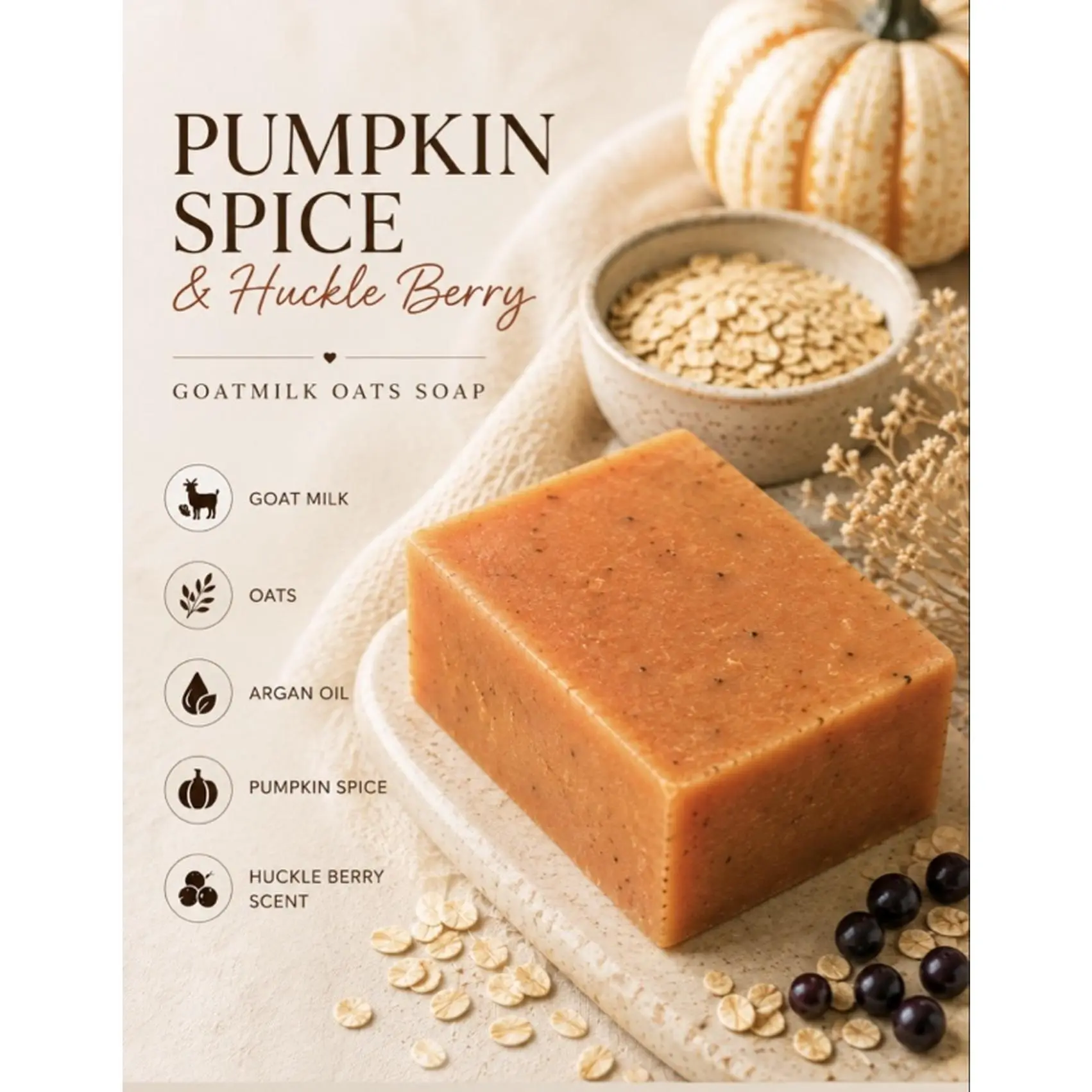 Oats Goat Milk Bar Soap with Pumpkin Spice, Huckleberry, Almond Oil & SCI - Gentle, Soothing, Hydrating Body Care Bar for Moisturizing Skin Cleanse