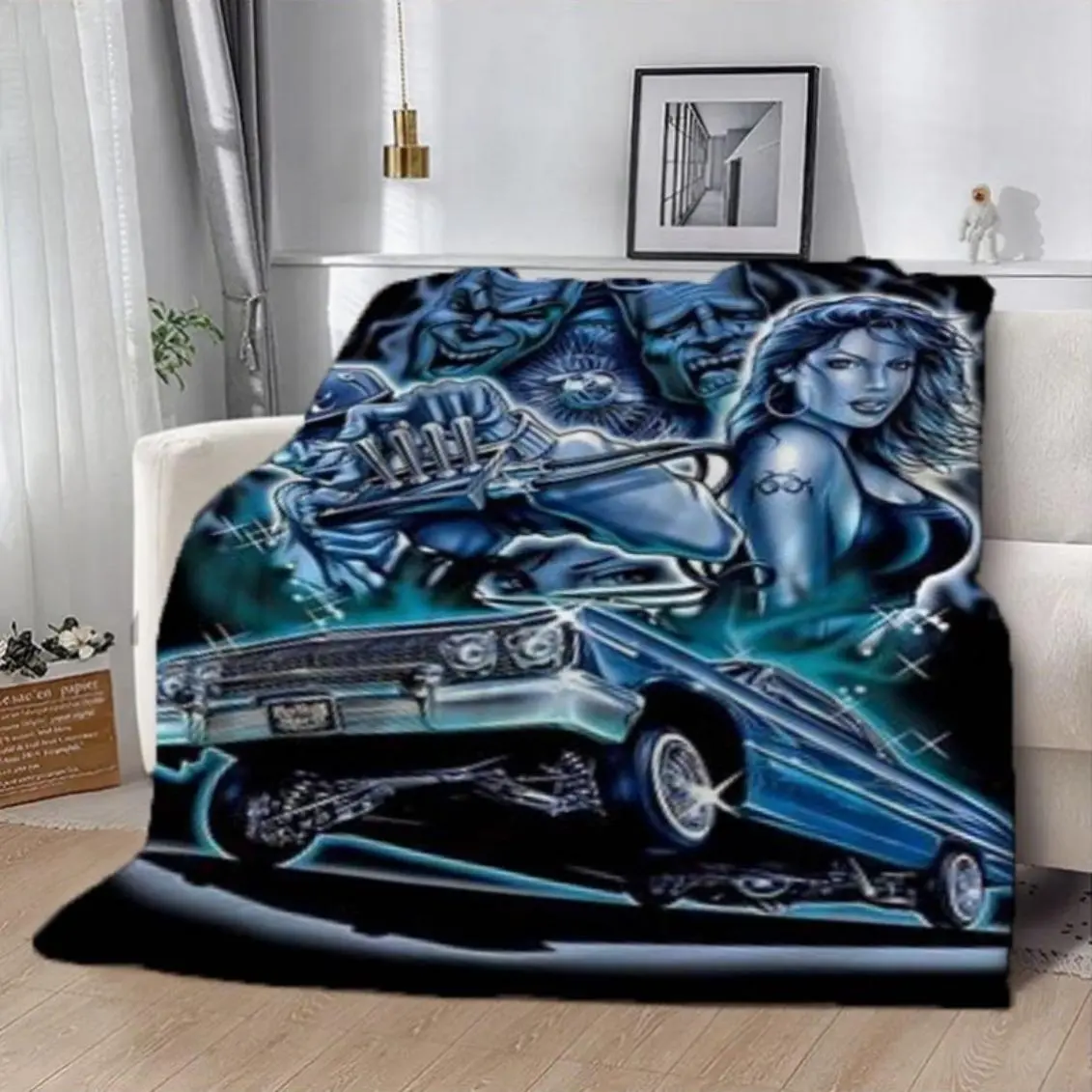 Chicano Culture Low-Profile Car Illustration Blanket Cozy Throw Soft Warm All-Season Blanket for Sofa Bed Office Camping Warm Haven Textiles