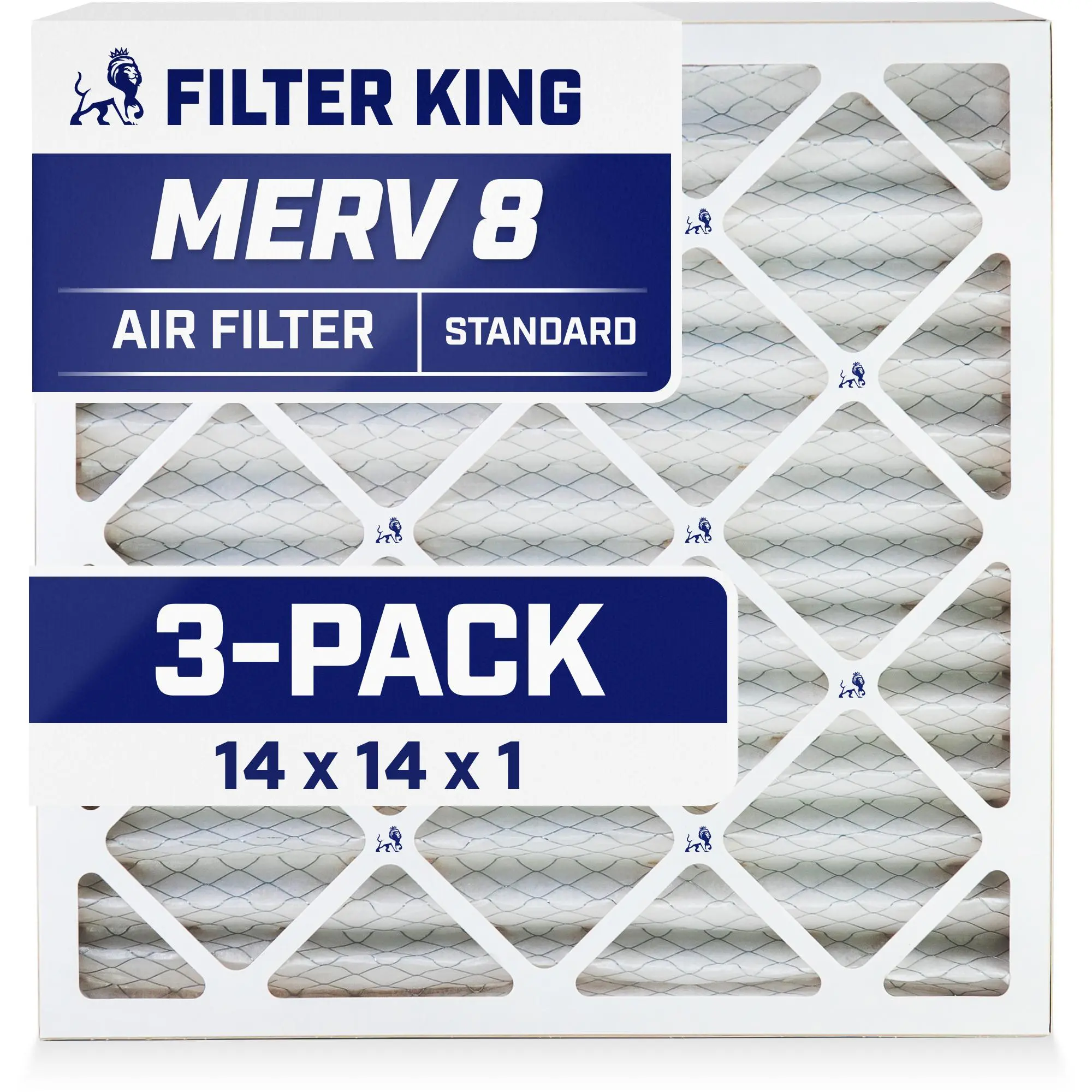 Filter King Square Replacement HVAC Pleated A/C Furnace Air Filter, 3-PACK, MERV 8, Made in USA, 14x14x1" Nominal Size, 13.5"x13.5"x0.75" Actual Size, Long-Lasting, Efficiency Boost