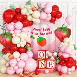 129pcs Strawberry Balloon Arch Flower Wreath Set, Red and Pink Balloons with Strawberry Foil Balloons for Girls' First Birthday Berry Sweet on The Way Shower Strawberry Themed Party Decorations Wedding Anniversary Spring Harvest Parties