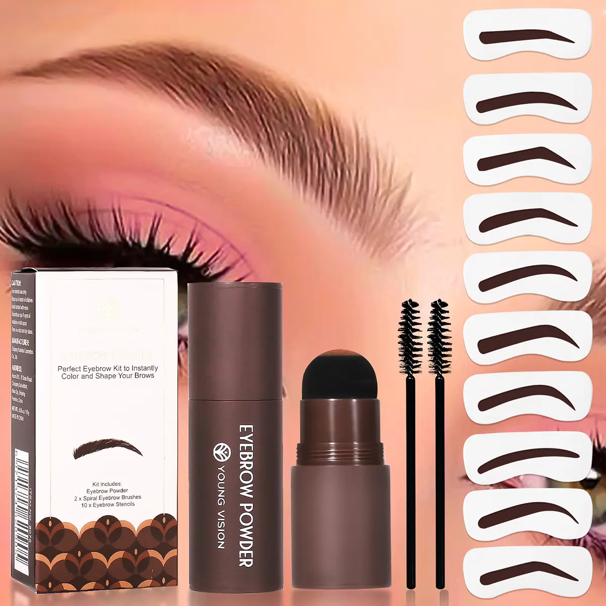 Young Vision Eyebrow Stamp & Shaping Kit - Waterproof Makeup Definer Powder, 10 Reusable Stencils, Long-Lasting Cosmetic with Talc, Mica, Aluminum Starch Octenylsuccinate, Silica for All Skin Types