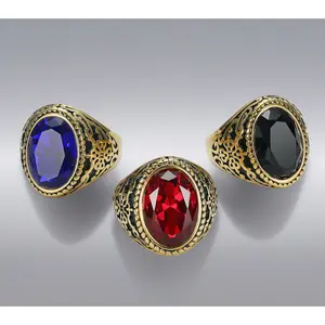 Creative retro quality ins-style fashion gold-plated gemstone royal ring European and American men's hypoallergenic stainless steel ring
