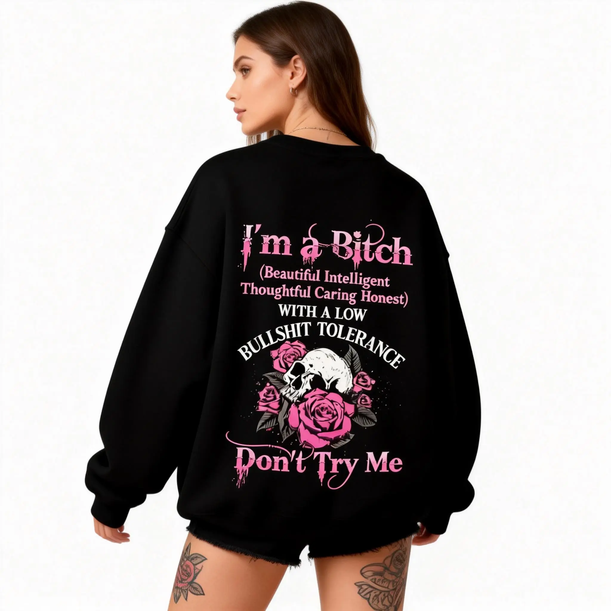 hoodies womenDon't Try Me Skull Rose Hoodie for Women -Bad Girl Attitude Graphic Hoodie, Low BSTolerance Gift, Badgirl Shirt, Tattoo Shirt Casual Pullover Long Sleeve Womenswear