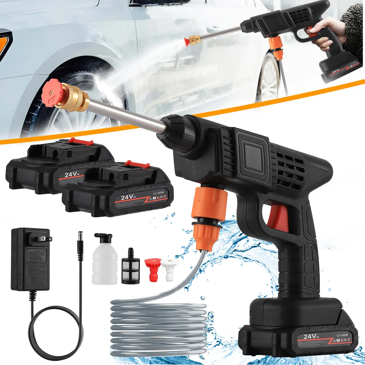 Dazone Electric Car Washing Machine 380 PSI 21V Portable Cordless High Pressure Water Gun Car Washer Cleaner 2 Replaceable 24V Batteries with 12000mAh Capacity