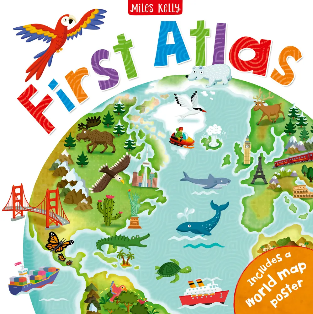 USED Book - First Atlas-Travel the World with this Brightly Colored Atlas-Includes over 20 Maps and a World Map Poster by Philip Steele (Hardcover) - english