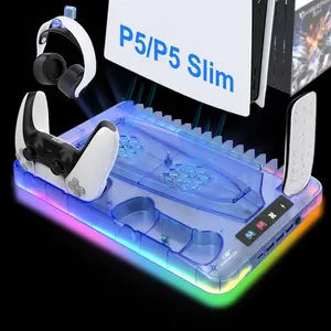 GAMINJA RGB Vertical Cooling Stand for PS5 Console, Charging Base with Headphone Hook, Storage Accessories for PS5 Controller, Console Accessories