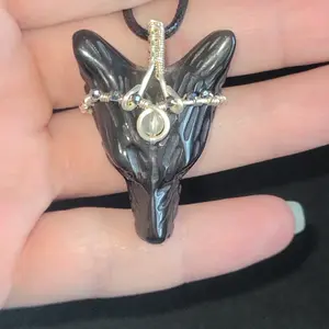 Silver Obsidian Wolf Pendant with Terahertz & Labradorite Crown - Tarnish Resistant Copper Wire Wrap for Adults