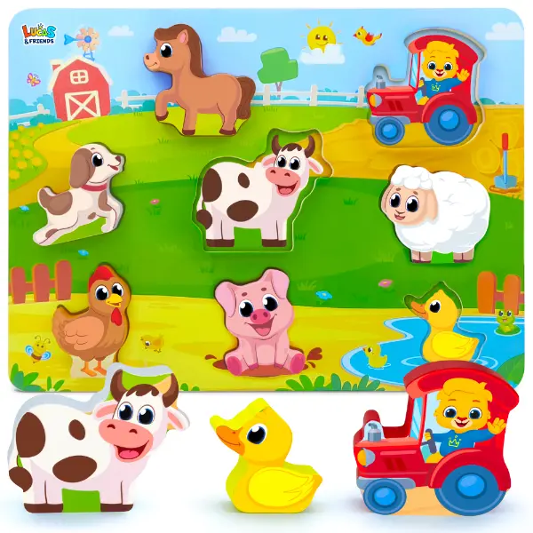 Lucas & Friends Jumbo Wooden Farm Animals Puzzle - 8-Piece Montessori Educational Toy, Montessori Puzzles Gift for Toddlers Ages 2-4, Boosts Early Learning & Motor Skills