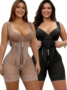 Faja Colombianas 2-Layers Shapewear Bodysuit for Women Tummy Tuck Waist Belt Hip Compression Comfort Shapers ultra stretch fabric short bodysuit jumpsuit lace trim anti slip black solid color fit design zip-up postparto tummy tuck adjustable corset