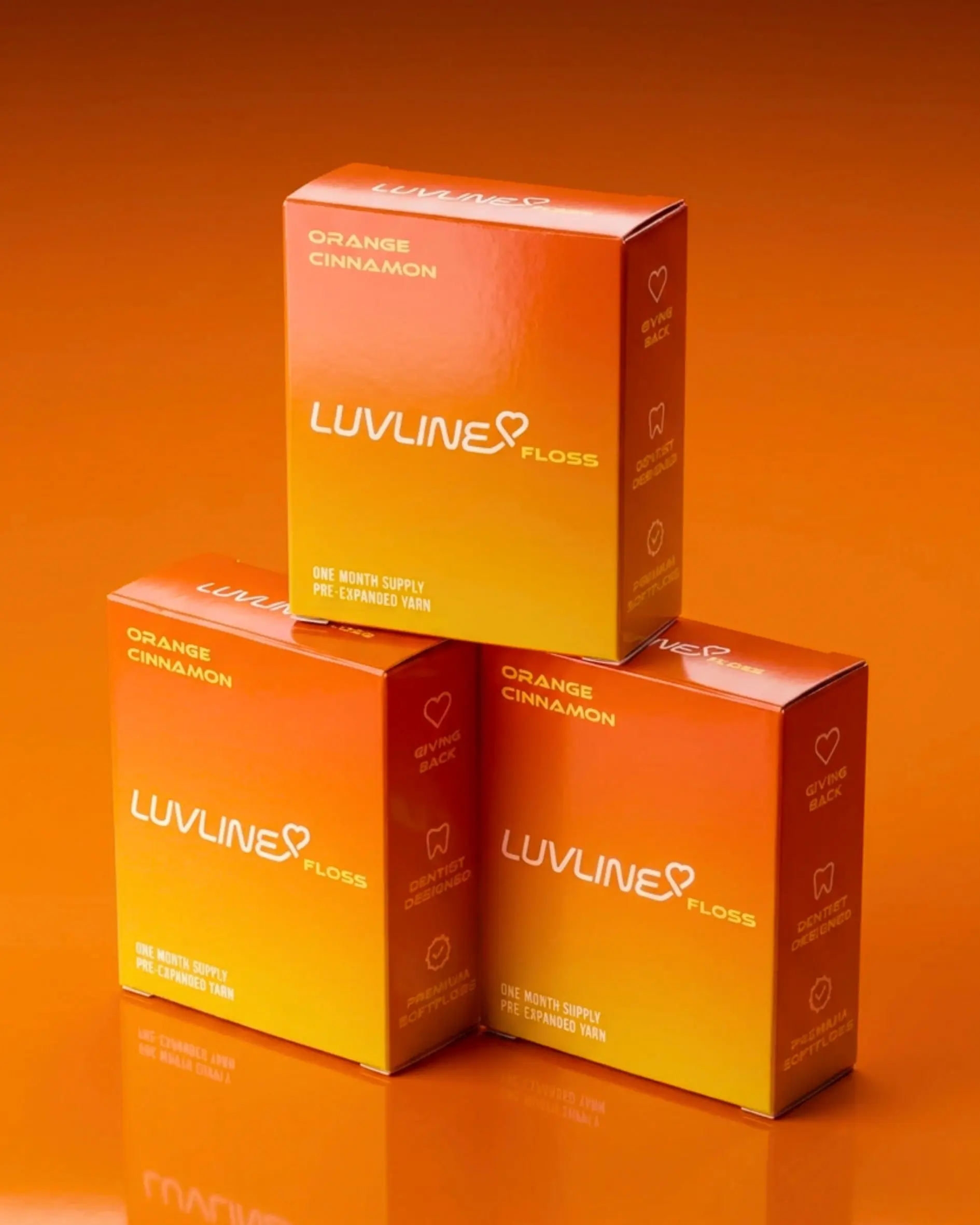 LUVLINE Orange Cinnamon 3-Piece Set — 3pc Pre-Expanded Dental Floss with Vitamin E, Dentist-Designed Oral Care to Fight Cavities — 3 SoftFloss Spools (1 month supply each)