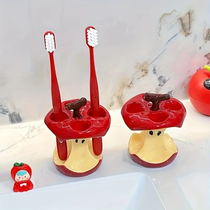 Apple-Shaped Ceramic Electric Toothbrush Holder - 3-Hole Toothbrush Storage Bathroom Organizer for Electric/Manual Toothbrushes & Toothpaste, Non-Slip Countertop Stand, Modern Minimalist Design
