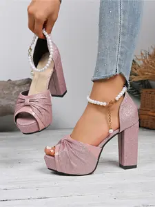 Women's Peep Toe High Heel Sandals Summer Comfort Platform Chunky Heels with Bowknot Ankle Strap Fashion Dressy Casual Elegant Waterproof Walking Shoes