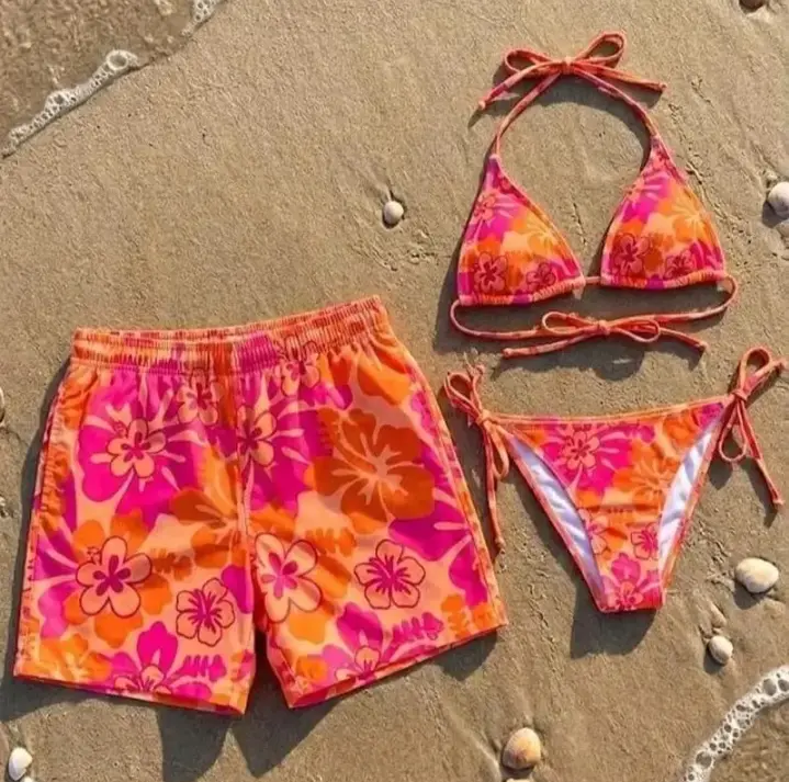 Couple Matching Swimwear Tropical Floral - Aesthetic Triangle Bikini & Matching Swim Trunks, Trendy Summer Beach Party Outfit, Lightweight Comfortable Vacation Wear