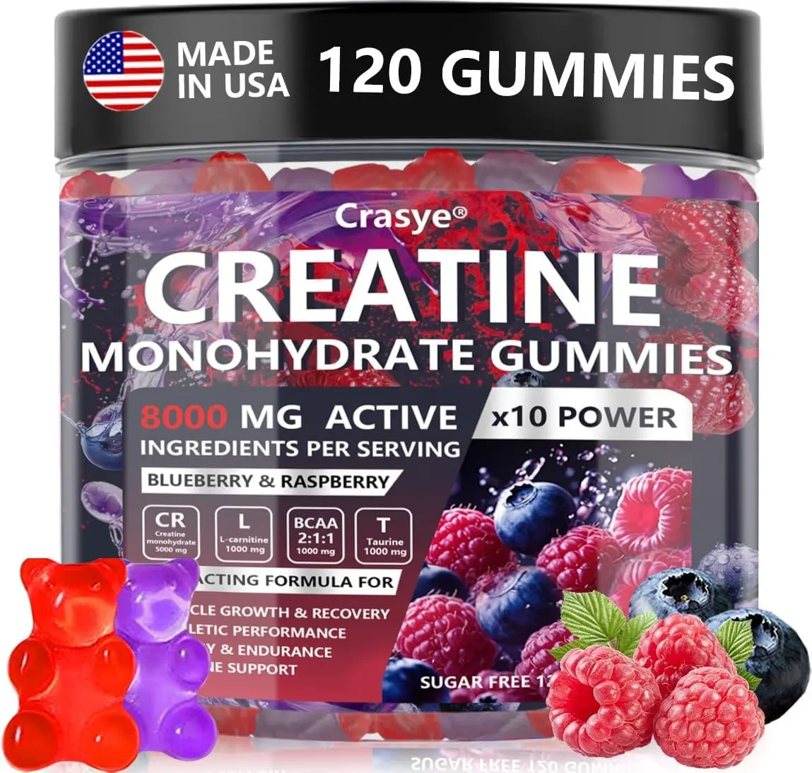 CRASYE Edible Chewable Creatine Gummy Dietary Supplements - 120 Count, Berry Strawberry Flavor, Vegan, GMO-Free, with Taurine & BCAA, for Fitness Training Support, Muscle Health & Healthcare Needs,travel essentials