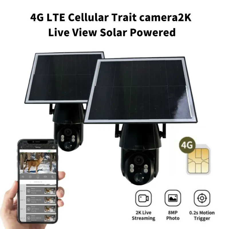 4G LTE Solar-Powered Cellular Trail Camera with 2K HD, 4X Digital Zoom, Built-In SIM Card, 0.2-Second Trigger Time, Motion Activation, Night Vision, MicroSD Slot, 2-Way Audio, Remote Phone Access & Playback for Hunting, Survival Kit Safety