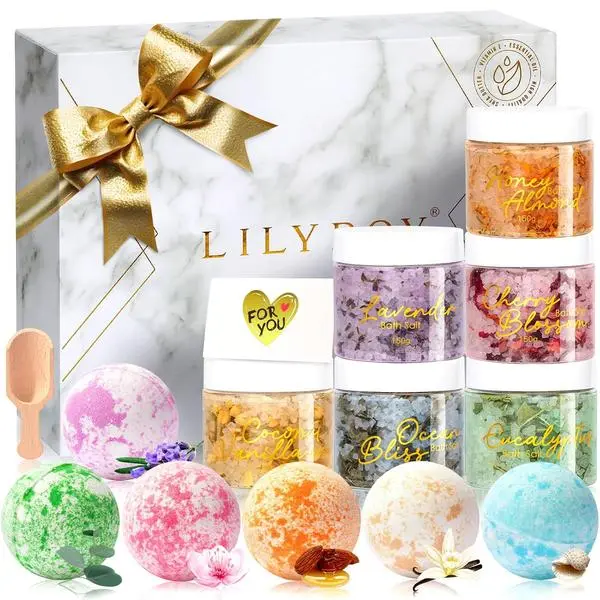 Gifts for Women & Men, Birthday Gifts - 15 Pcs Luxurious Spa Gift Set Bath and Body Gift Set for Mom Dad | Perfect Valentines Day, Christmas, Mothers Day with 6 x 150g Bath Salt 6 x 100g Bath Bomb