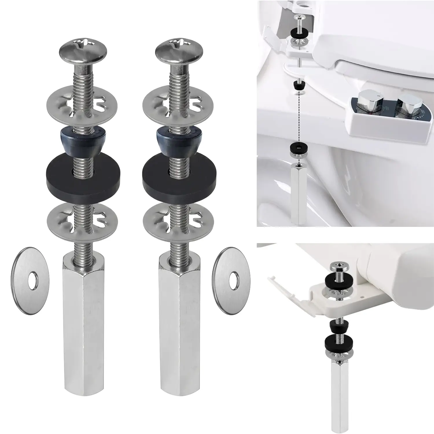 2PCS Universal Toilet Seat Bolts Kit, 2.75 Inch Extra Long Stainless Steel Screws with Hex Lock Nuts, Rubber & Metal Washers, Heavy Duty Anti-Wobble Replacement Hardware for Standard Toilet Seats