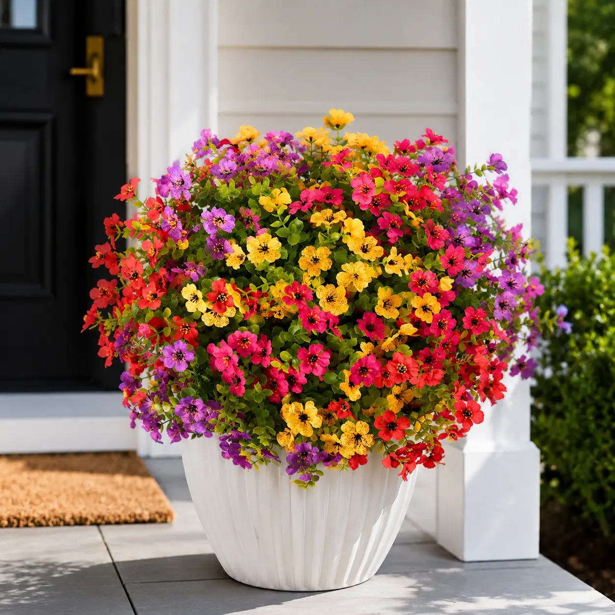 6/12 Pcs Artificial Flowers Outdoor, UV Resistant Colorful Faux Daisy Flower Bouquet with Eucalyptus Leaves & Boxwood Greenery, Fake Plants for Garden, Porch, Patio, Home, Wedding & Party Decor