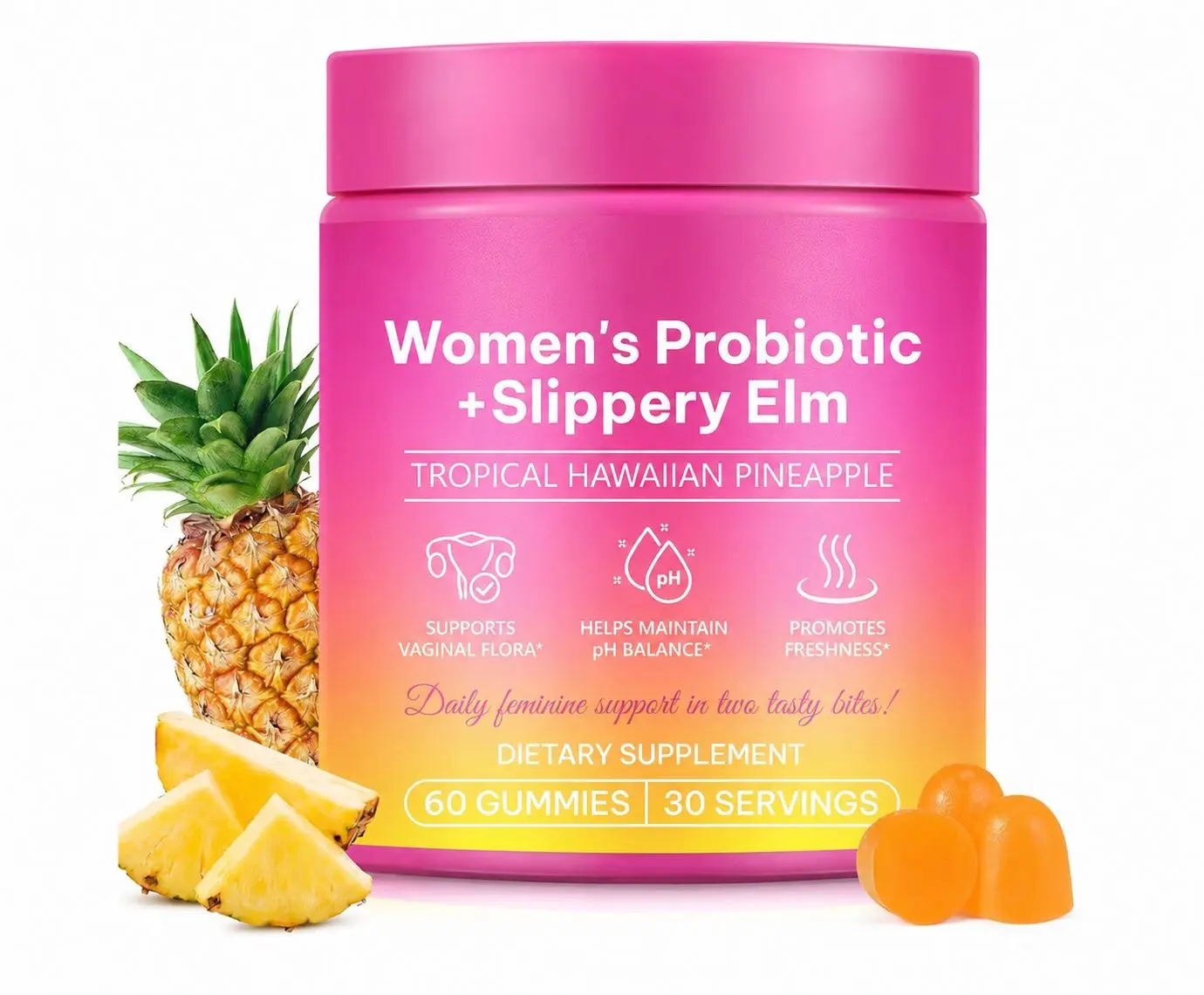 Women's Juicy Feminine Probiotic Gummies -with Slippery Elm, Prebiotics & Lactobacillus Blend for pH Balance & Dryness Relief - Hawaiian Pineapple Flavor, 60 Count