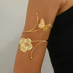 Delicate Wire-Work Butterfly & Flower Arm Cuff, Elegant Hollow Statement Armband, Adjustable Upper Arm Fashion Jewelry
