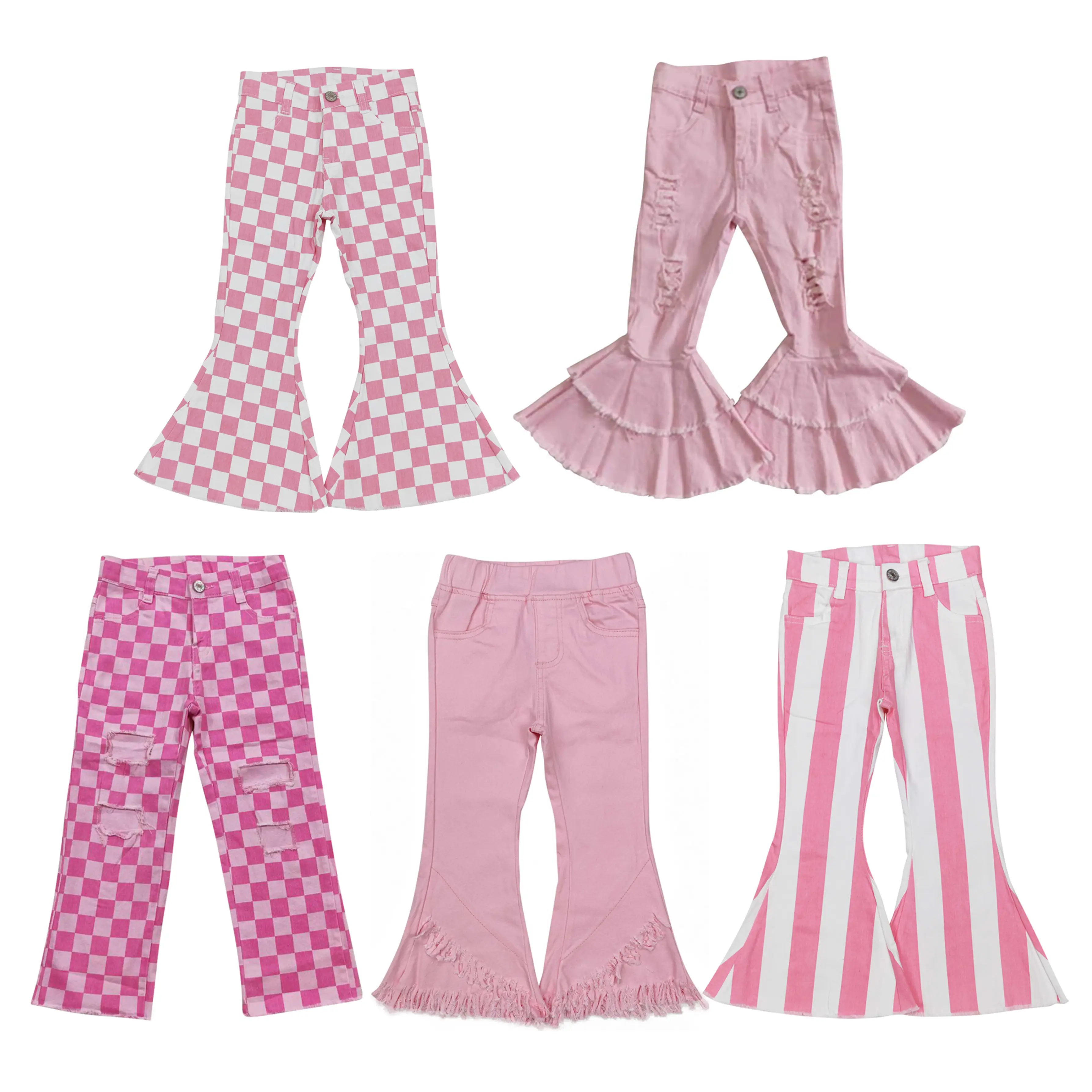 P0096--girls clothing Ripped pink plaid jeans