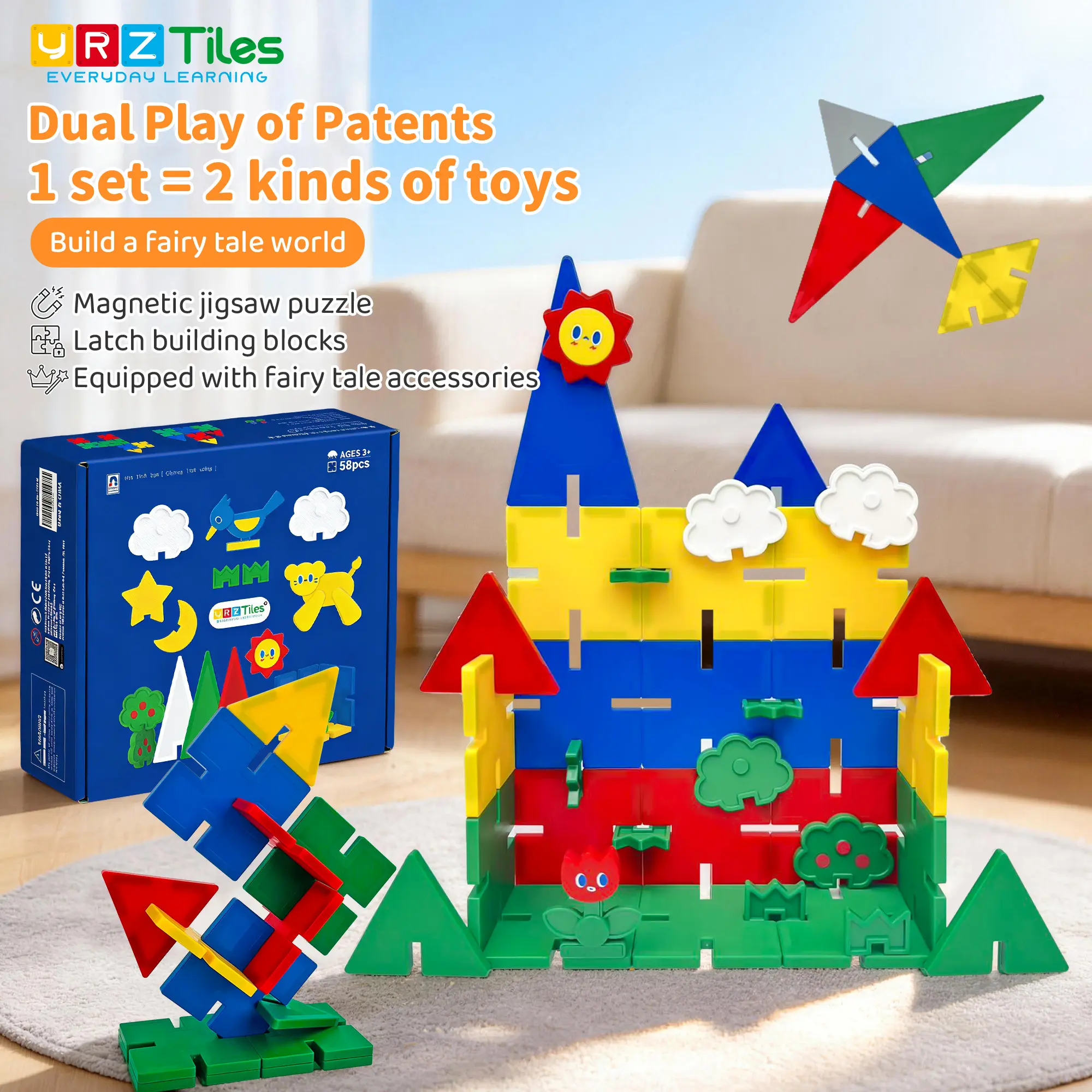 2026 New Arrival YRZtiles 58PCS Magnetic Tiles, 2-in-1 Magnetic & Snap Buckle Building Blocks, Stable Stacking STEM Educational Toy, Ideal Gift for 3-6 Years Old Kids