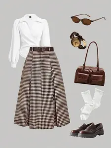 Fashion Elegant Thick Plaid Knee Length High Waist Skirt, Belted Pleated Design, High-Quality Women's Business Casual Commuter Dress, Chic Elegant Skirt