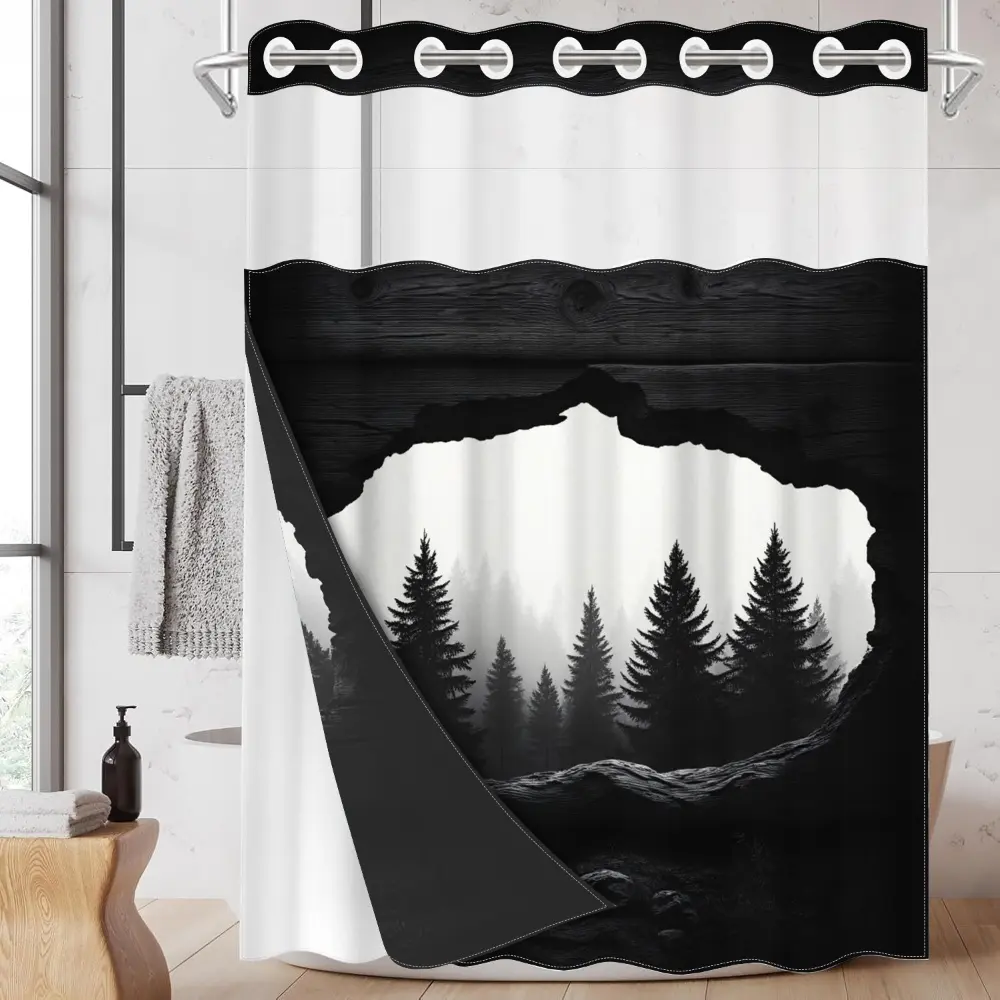 1pc hookless shower curtain with buttoned liner, black and white pine forest landscape design 2D print, waterproof liner, double-layer printed shower curtain with window view, 71 x 74 inches, Decorative aesthetic shower curtain, Bathroom Decorations