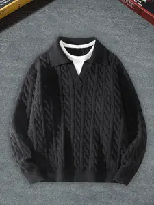 Autumn and winter men's mock two-piece V-neck knitted long-sleeved sweater, Sweater Pullover, with twisted stripes, casual style, suitable for variety of occasions, comfortable fabric, 26139