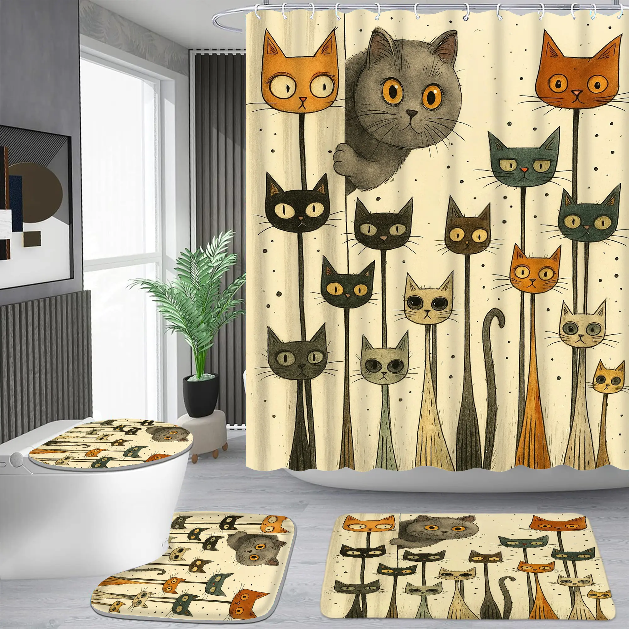 Retro long-necked cat pattern shower curtain set, waterproof shower curtain with 12 hooks, non-slip bathroom carpet, toilet U-shaped cushion, toilet seat cover cushion, bathroom shower curtain set, perfect moving gift.