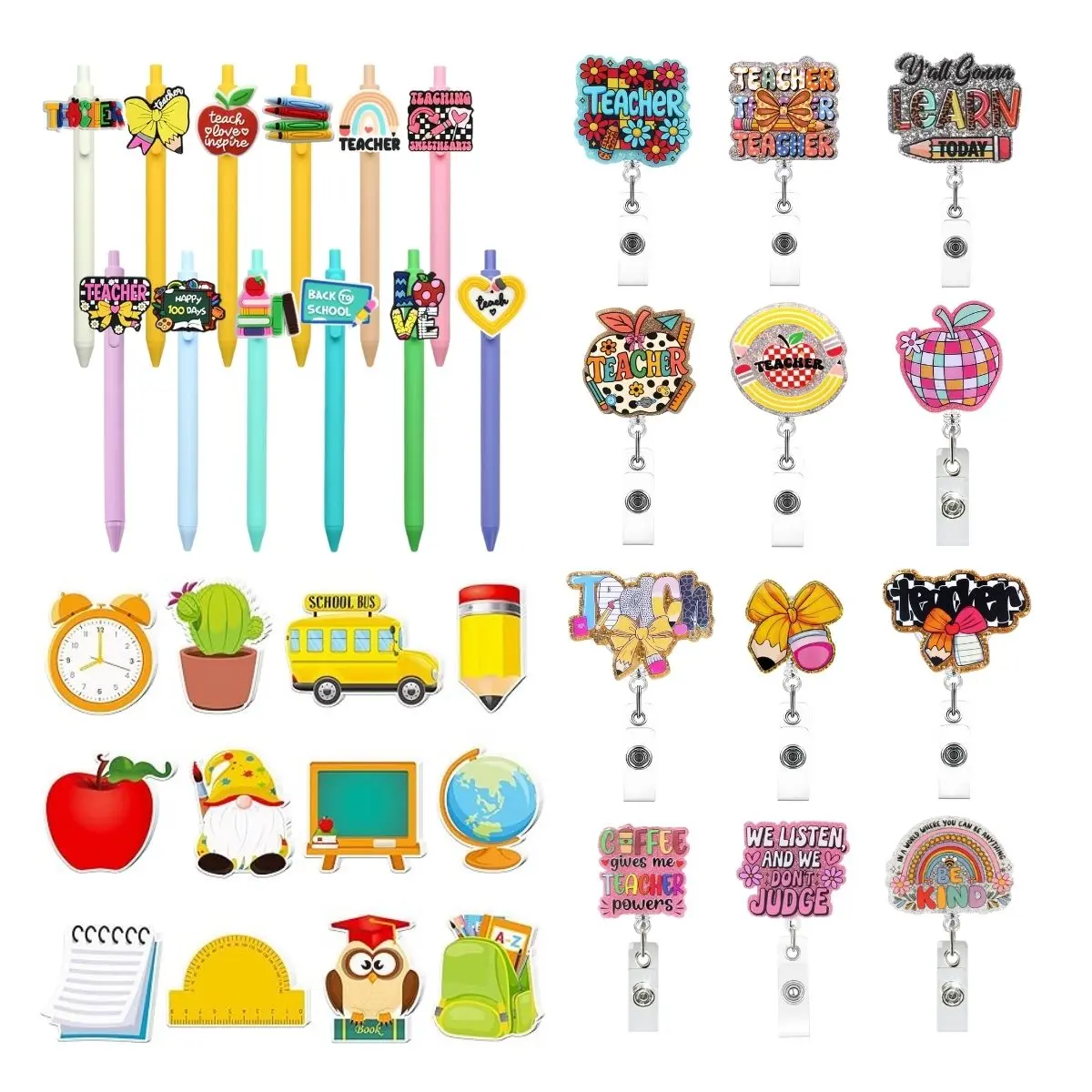 36PCS Teacher Theme Stationery Set, 12 Teacher Ballpoint Pens, 12 Teacher Sticky Notes and 12 Teacher Badge Reels Retractable Keychains, Campus Style Desk Accessories Set