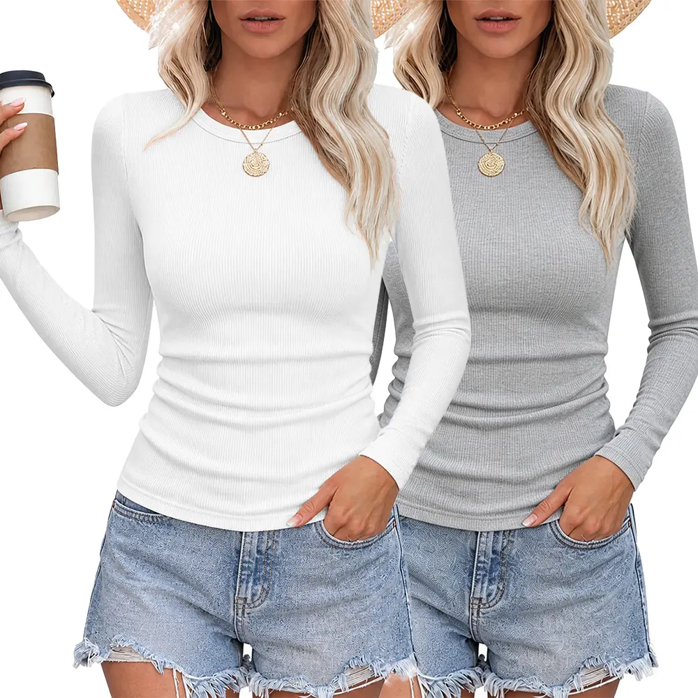 2 Pack Long Sleeve T Shirts for Women Ribbed Knit Slim Fit Underscrubs Tops | Crewneck Stretch Basic Tshirt, Fashion Cute Fitted Casual Layer Clothes Tee for Daily Wear, Going Out, Fall Spring Outfits