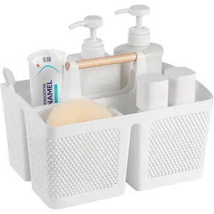 PLL Portable Shower Caddy Basket Plastic Cleaning Caddy Organizer Storage Tote with Handle for Bathroom, College, Dorm Room Essentials, White Kitchen Laundry Smooth Wooden Black