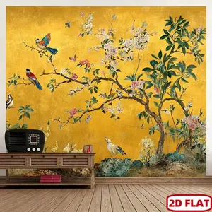 1PC 2D Flat Polyester Chinese Classical Floral Print Golden Backdrop Cloth - Flower Decoration for Birthday Photo Booth Wall, Home Bedroom Decor, Living Room Retro Art Mural Hanging Cloth