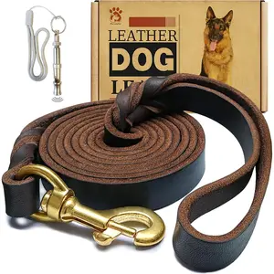 Genuine Braided Leather Dog Leash 6ft x 3/4 inch, Strong Heavy Duty Soft Comfortable Training Leash for Large Medium Small Dogs (Brown)