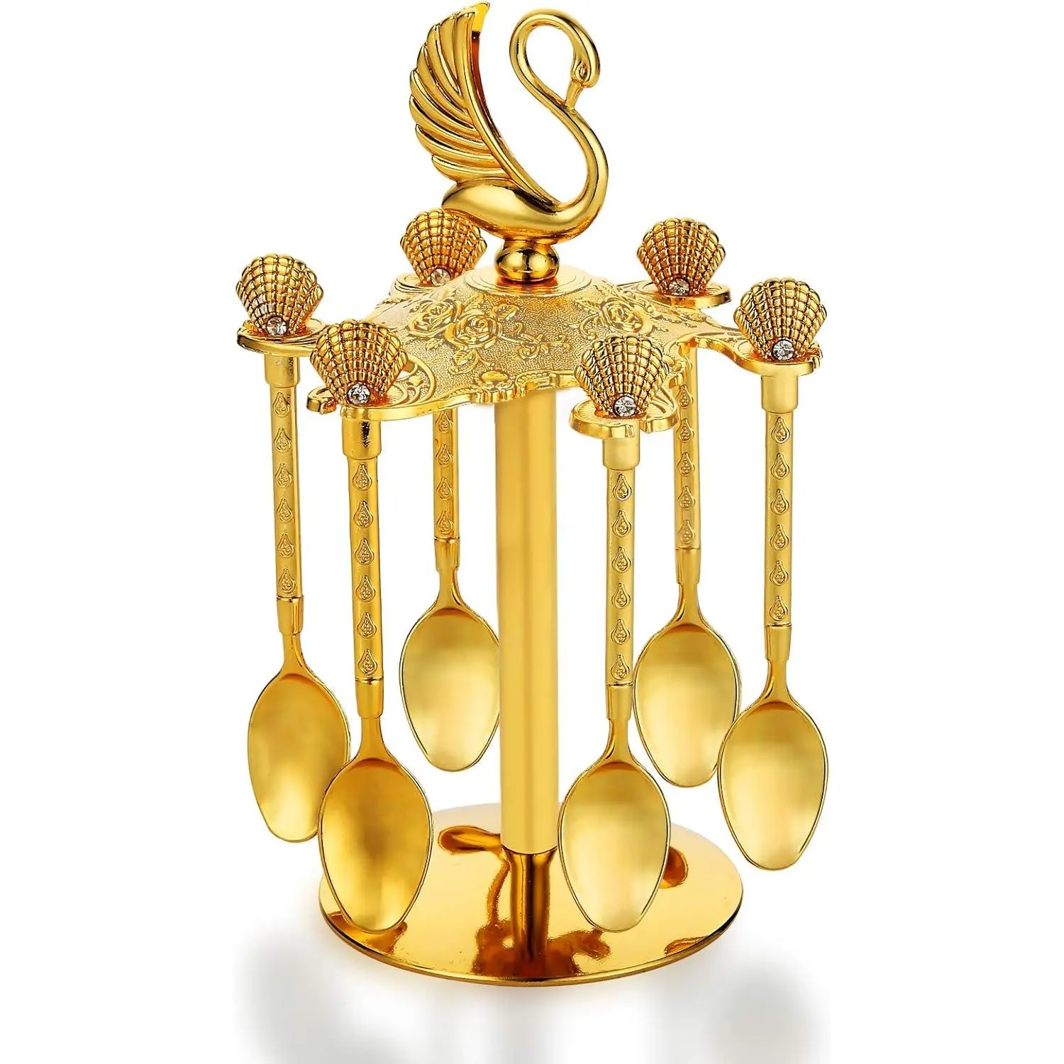 Decorative Swan Base Holder with 6 Spoons, Fancy Tea Spoons Coffee Dessert, Teaspoons, Jam Spoon for Fruit, Stirring, Mixing, Sugar, Ice Cream, Cake (Gold)