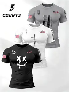 Men's Short Sleeve Fitness Sport Round Neck T-Shirt, 3 Pack Usa Flag Print Street Style, Breathable Running & Exercise Tee, Running Shirts