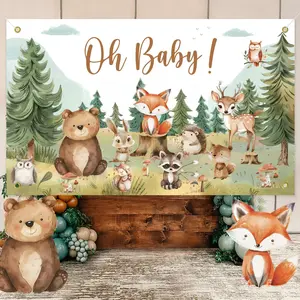 Forest Animal Themed Baby Shower Banner, 1 Count Cute Cartoon Animal Pattern Backdrop, Party Decoration Supplies for Indoor & Outdoor, Ornaments