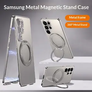 Samsung Galaxy S26 S25 Ultra Metal Frame Phone Case, 360° Rotating Stand + Lens Protection, PC Back Cover + Aluminum Alloy Frame Stylish Business Ultra-Thin Drop-Proof Protection Case (Includes 1 High-Quality Screen Protector)