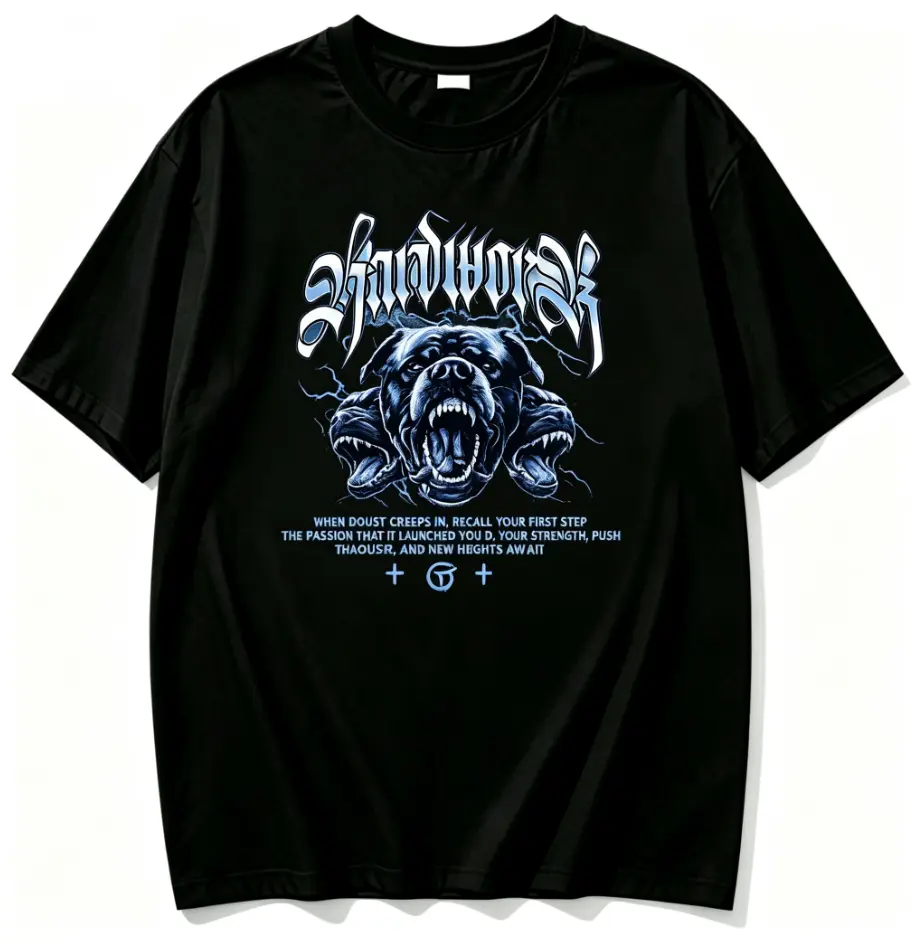 100% Cotton Dark Gothic Blue Cerberus Three Headed Dog Lightning Inspirational Text Print T Shirt Edgy Vintage Heavyweight Cotton Streetwear Short Sleeve Graphic Tee